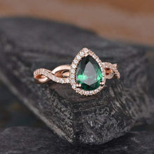 Load image into Gallery viewer, 14Kt Rose gold designer Solitaire Pear Shape Emerald, Half Eternity Twist Infinity Natural diamond Band ring by diamtrendz