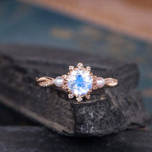 Load image into Gallery viewer, 14Kt Rose gold designer Solitaire Moonstone, Pearl, Halo Natural diamond ring by diamtrendz