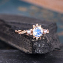 Load image into Gallery viewer, 14Kt Rose gold designer Solitaire Moonstone, Pearl, Halo Natural diamond ring by diamtrendz