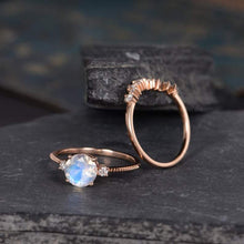Load image into Gallery viewer, 14Kt Rose gold designer Set 2 Solitaire Moonstone, Chevron V Shape Curved Natural diamond ring by diamtrendz