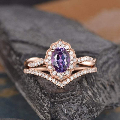 14Kt Rose gold designer Set2 Solitaire Oval Shape Alexandrite, Halo Infinity Eternity Natural diamond ring by diamtrendz