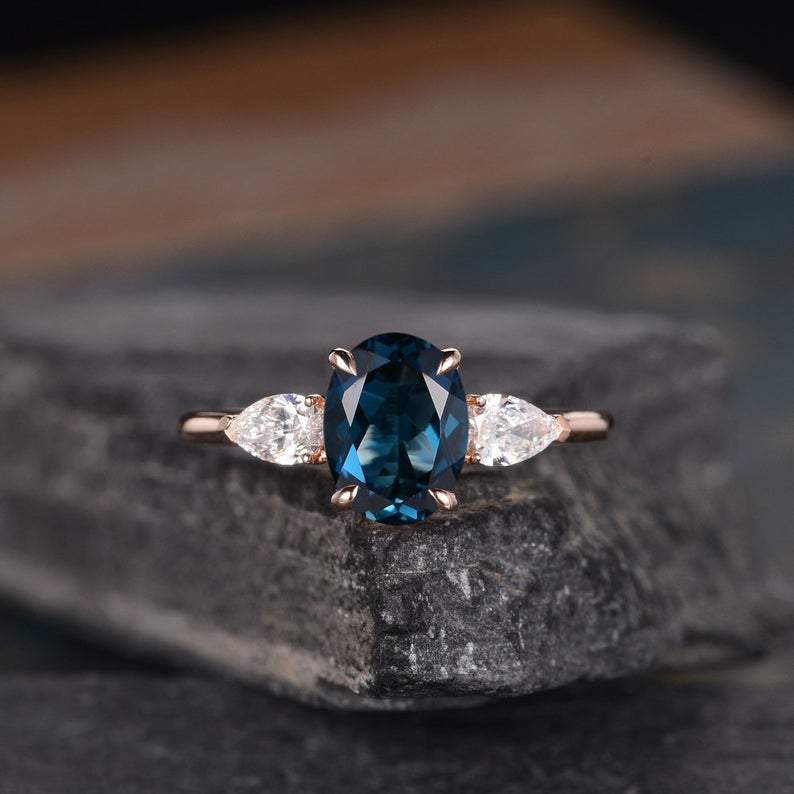 14Kt Gold Stone, Solitaire Oval Shape Blue Topaz, Pear Cut Natural Diamond Engagement/Wedding Ring