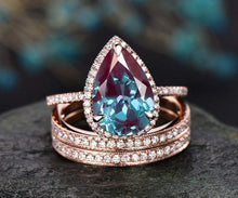 Load image into Gallery viewer, 14Kt Rose gold designer Set 3 Solitaire Pear Shape Alexandrite, Natural diamond ring by diamtrendz
