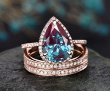 Load image into Gallery viewer, 14Kt Rose gold designer Set 3 Solitaire Pear Shape Alexandrite, Natural diamond ring by diamtrendz