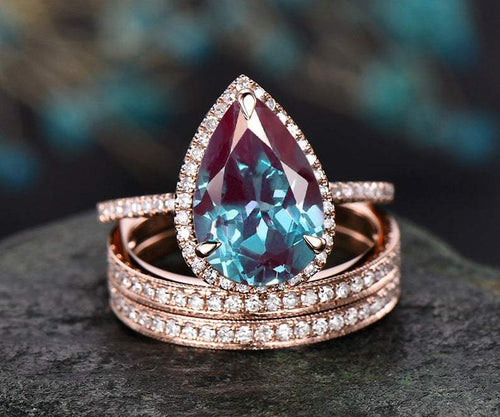 14Kt Rose gold designer Set 3 Solitaire Pear Shape Alexandrite, Natural diamond ring by diamtrendz