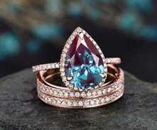 Load image into Gallery viewer, 14Kt Rose gold designer Set 3 Solitaire Pear Shape Alexandrite, Natural diamond ring by diamtrendz
