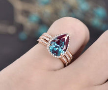 Load image into Gallery viewer, 14Kt Rose gold designer Set 3 Solitaire Pear Shape Alexandrite, Natural diamond ring by diamtrendz