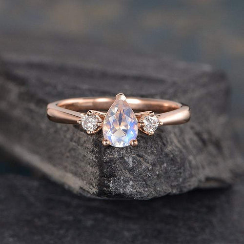 14Kt Rose gold designer Solitaire Pear Shape Moonstone, Natural diamond ring by diamtrendz