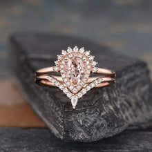 Load image into Gallery viewer, 14Kt Rose gold designer Set 2 Solitaire Pear Shape Morganite, Chevron V Shaped Curved Natural diamond ring by diamtrendz