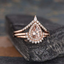 Load image into Gallery viewer, 14Kt Rose gold designer Set 2 Solitaire Pear Shape Morganite, Chevron V Shaped Curved Natural diamond ring by diamtrendz