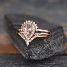 Load image into Gallery viewer, 14Kt Rose gold designer Set 2 Solitaire Pear Shape Morganite, Chevron V Shaped Curved Natural diamond ring by diamtrendz