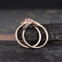 Load image into Gallery viewer, 14Kt Rose gold designer Set 2 Solitaire Pear Shape Morganite, Chevron V Shaped Curved Natural diamond ring by diamtrendz