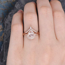 Load image into Gallery viewer, 14Kt Rose gold designer Set 2 Solitaire Pear Shape Morganite, Chevron V Shaped Curved Natural diamond ring by diamtrendz