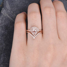 Load image into Gallery viewer, 14Kt Rose gold designer Set 2 Solitaire Pear Shape Morganite, Chevron V Shaped Curved Natural diamond ring by diamtrendz
