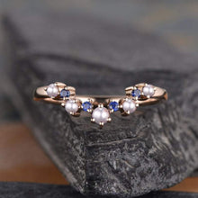 Load image into Gallery viewer, 14Kt Rose gold designer Pearl, Sapphire, Chevron V Shaped Curved Band ring by diamtrendz