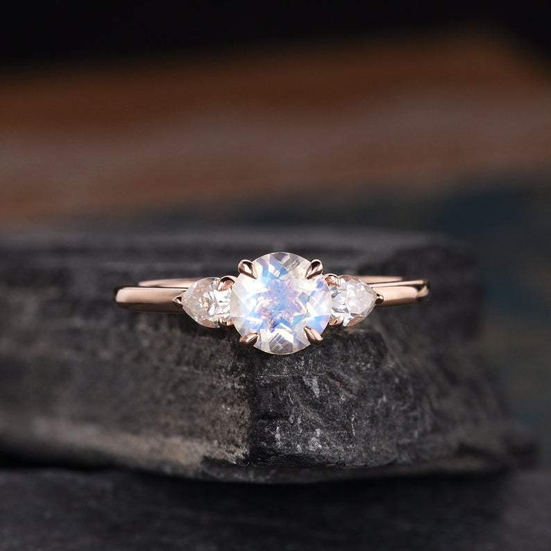 14Kt Rose gold designer Solitaire Moonstone, Pear Cut Natural diamond ring by diamtrendz