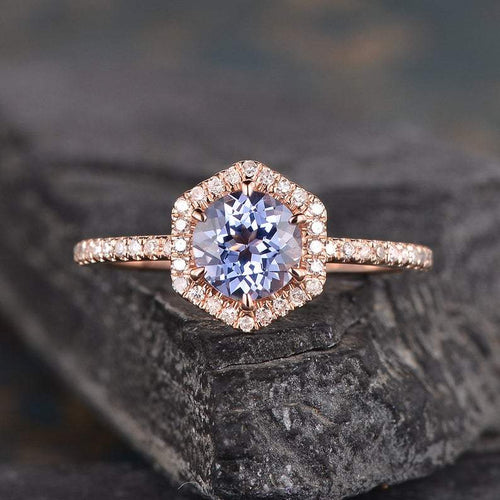 14Kt Rose gold designer Solitaire Sapphire,  Hexagon Natural diamond ring by diamtrendz