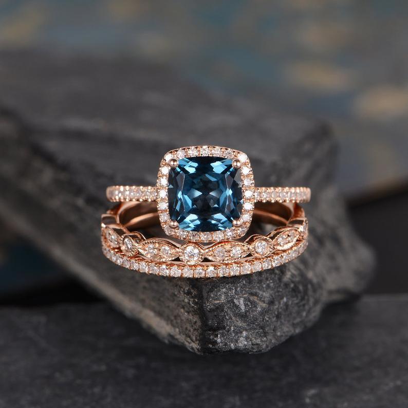 14Kt Gold Set Solitaire Cushion Shape Blue Topaz Eternity Natural Diamond Engagement/Wedding Ring