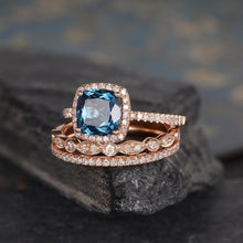 Load image into Gallery viewer, 14Kt Rose gold designer Set 3 Solitaire Cushion Shape Blue Topaz , Eternity Natural diamond ring by diamtrendz