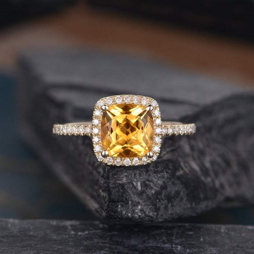 14Kt Yellow Gold Designer Citrine Cushion Shape Diamond Ring by Diamtrendz