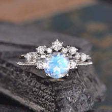 Load image into Gallery viewer, 14Kt White gold designer Set 2 Solitaire Moonstone, Chevron V Shape Curved Natural diamond ring by diamtrendz