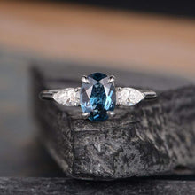 Load image into Gallery viewer, 14Kt White gold designer 3 Stone, Solitaire Oval Shape Blue Topaz, Pear Cut Natural diamond Band ring by diamtrendz