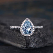 Load image into Gallery viewer, 14Kt White gold designer Solitaire Pear Shape Aquamarine, Natural Diamond ring by diamtrendz