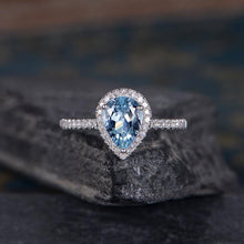 Load image into Gallery viewer, 14Kt White gold designer Solitaire Pear Shape Aquamarine, Natural Diamond ring by diamtrendz
