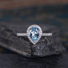 Load image into Gallery viewer, 14Kt White gold designer Solitaire Pear Shape Aquamarine, Natural Diamond ring by diamtrendz