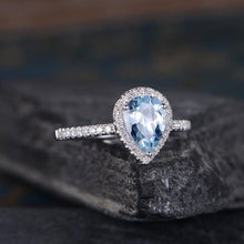Load image into Gallery viewer, 14Kt White gold designer Solitaire Pear Shape Aquamarine, Natural Diamond ring by diamtrendz