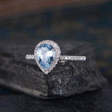 Load image into Gallery viewer, 14Kt White gold designer Solitaire Pear Shape Aquamarine, Natural Diamond ring by diamtrendz