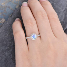 Load image into Gallery viewer, 14Kt White gold designer Solitaire Moonstone, Halo Eternity Natural diamond ring by diamtrendz