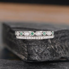 Load image into Gallery viewer, 14Kt White gold designer Set 2 Emerald Gemstone, Half Eternity Marquise Cut Natural diamond Band ring by diamtrendz
