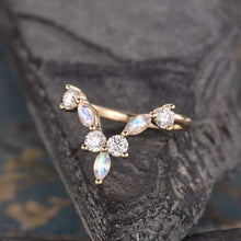 Load image into Gallery viewer, 14Kt Yellow gold designer Marquise Shape Moonstone Chevron V Shaped Curved Natural diamond Band ring by diamtrendz