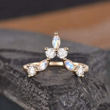 Load image into Gallery viewer, 14Kt Yellow gold designer Marquise Shape Moonstone Chevron V Shaped Curved Natural diamond Band ring by diamtrendz