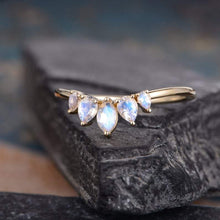 Load image into Gallery viewer, 14Kt Yellow gold designer Marquise Shape Pear Shape Moonstone Chevron V Shaped Curved Band ring by diamtrendz