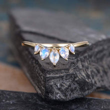 Load image into Gallery viewer, 14Kt Yellow gold designer Marquise Shape Pear Shape Moonstone Chevron V Shaped Curved Band ring by diamtrendz