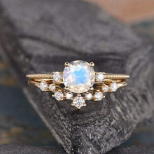 Load image into Gallery viewer, 14Kt Yellow gold designer Set 2 Solitaire Moonstone, Chevron V Shape Curved Natural diamond ring by diamtrendz