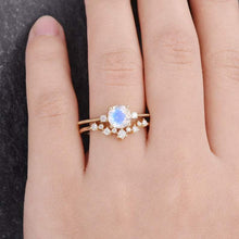 Load image into Gallery viewer, 14Kt Yellow gold designer Set 2 Solitaire Moonstone, Chevron V Shape Curved Natural diamond ring by diamtrendz