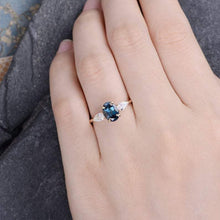 Load image into Gallery viewer, 14Kt Yellow gold designer 3 Stone, Solitaire Oval Shape Blue Topaz, Pear Cut Natural diamond Band ring by diamtrendz