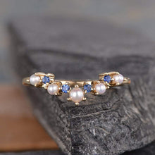 Load image into Gallery viewer, 14Kt Yellow gold designer Pearl, Sapphire, Chevron V Shaped Curved Band ring by diamtrendz