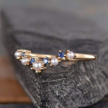 Load image into Gallery viewer, 14Kt Yellow gold designer Pearl, Sapphire, Chevron V Shaped Curved Band ring by diamtrendz