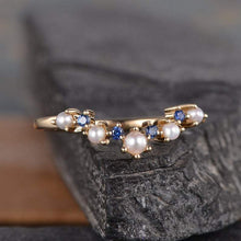 Load image into Gallery viewer, 14Kt Yellow gold designer Pearl, Sapphire, Chevron V Shaped Curved Band ring by diamtrendz
