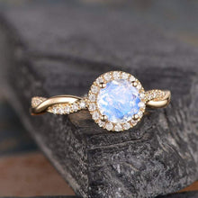 Load image into Gallery viewer, 14Kt Yellow gold designer Solitaire Moonstone, Halo Eternity Natural diamond ring by diamtrendz