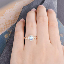 Load image into Gallery viewer, 14Kt Yellow gold designer Solitaire Moonstone, Halo Eternity Natural diamond ring by diamtrendz