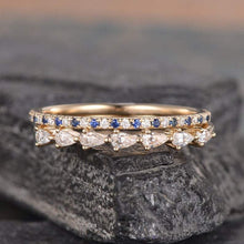 Load image into Gallery viewer, 14Kt Yellow gold designer Set 2 Blue Sapphire Eternity Pear Cut Natural diamond Band ring by diamtrendz