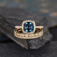 Load image into Gallery viewer, 14Kt Yellow gold designer Set 3 Solitaire Cushion Shape Blue Topaz , Eternity Natural diamond ring by diamtrendz
