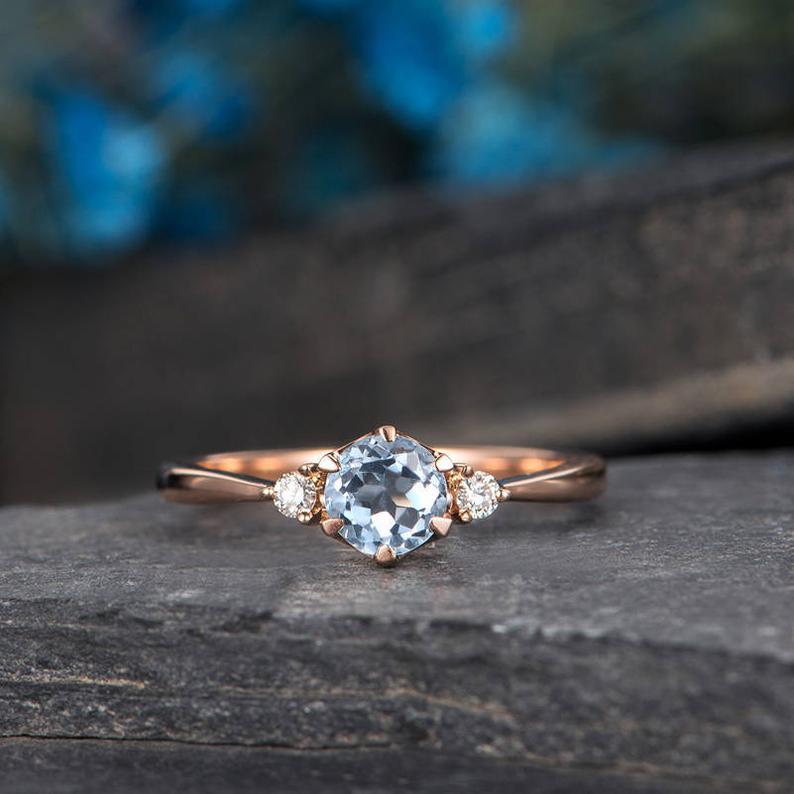14Kt Rose gold designer Solitaire Aquamarine, Natural diamond ring by diamtrendz
