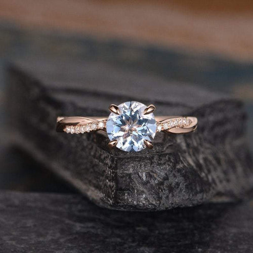 14Kt Rose gold designer Solitaire Round Shape Aquamarine, Half Eternity Infinity Natural diamond Band ring by diamtrendz