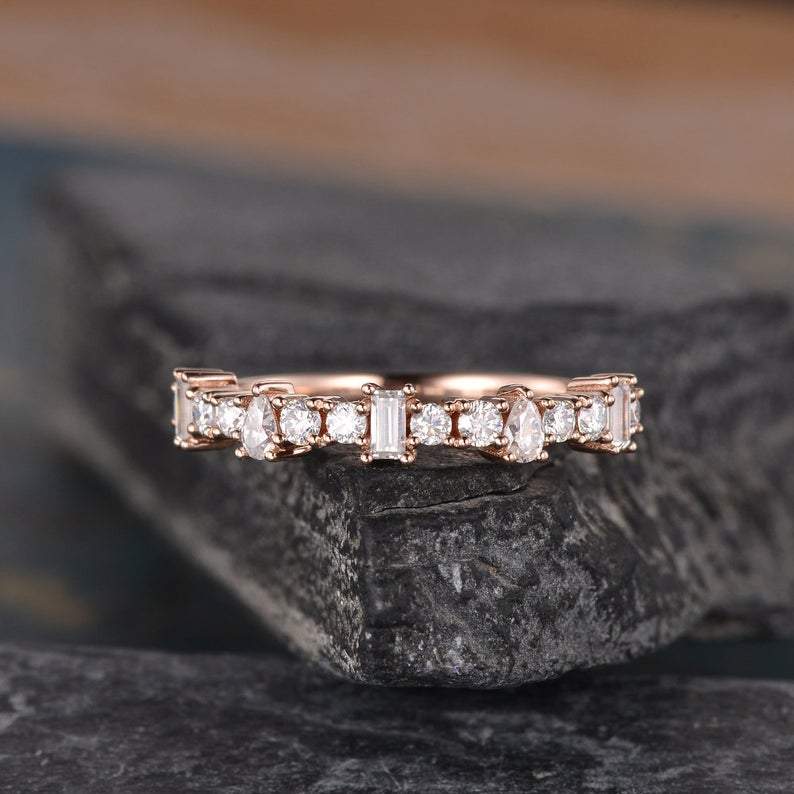 14Kt Rose gold designer  Baguette Cut Peart Cut Half Eternity Natural diamond ring by diamtrendz